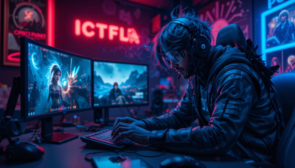 "Pantalla LED Samsung 4K 144Hz en un setup gamer épico con luces RGB, perfecta para petarlo en Roblox como crack, rodeada de monitores para PC y un videowall que flipas."